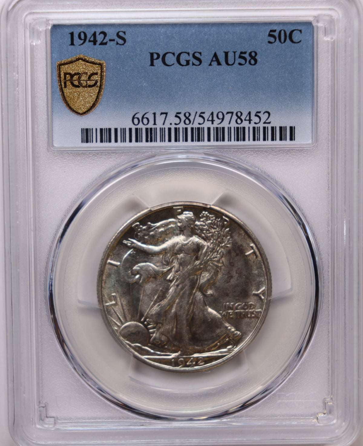 1942-S Walking Liberty Silver Half Dollar, PCGS Graded AU-58, Uncirculated. #HR251.
