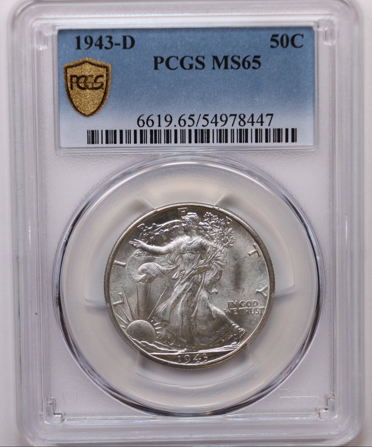 1943-D Walking Liberty Silver Half Dollar, PCGS Graded MS-65, Uncirculated. #HR252.