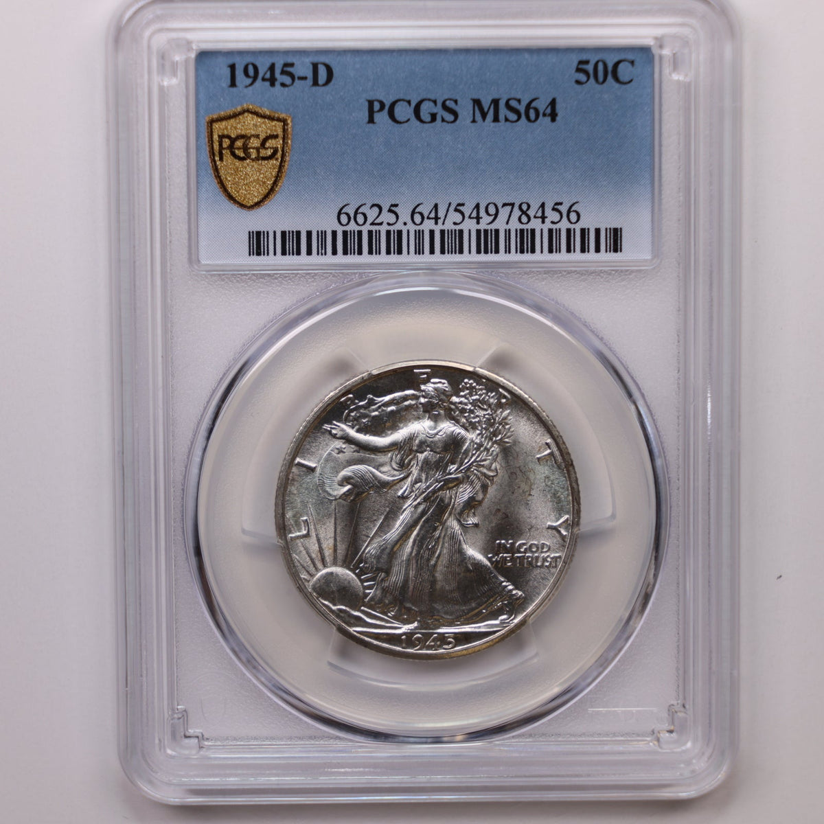 1945-D Walking Liberty Silver Half Dollar, PCGS Graded MS-64, Uncirculated. #HR277.
