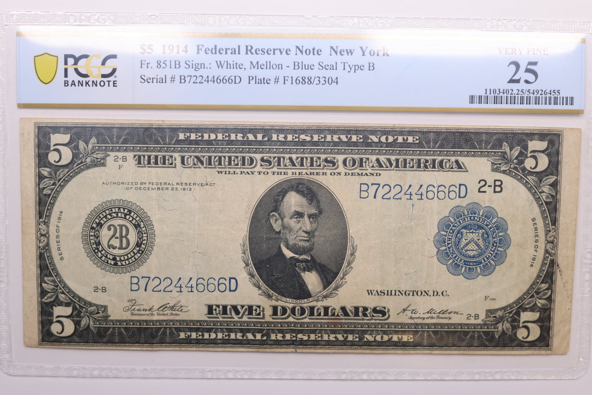 1914 $5 Federal Reserve Note, Fr. 851B, Circulated, PCGS VF-25, Store #GFRB010.