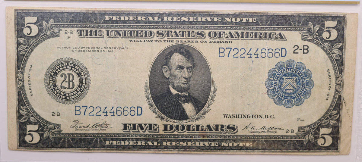 1914 $5 Federal Reserve Note, Fr. 851B, Circulated, PCGS VF-25, Store #GFRB010.