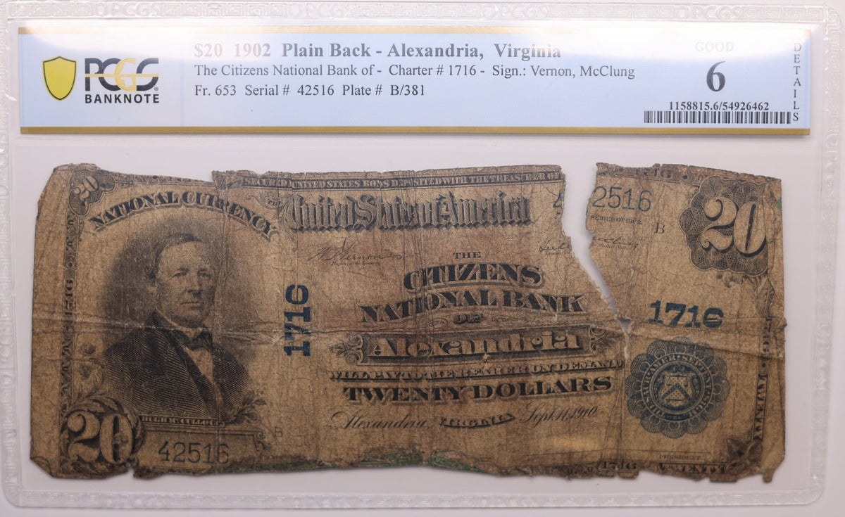 1902 $20 National Currency. Alexandria, Virginia.  PCGS Good-6, Store #NBN009.