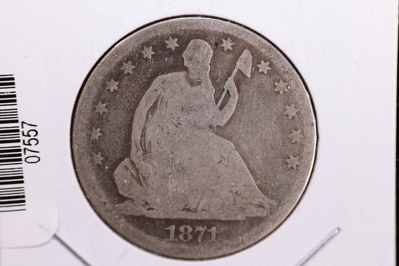 1871 Seated Liberty Half Dollar, Affordable Circulated Coin. Store