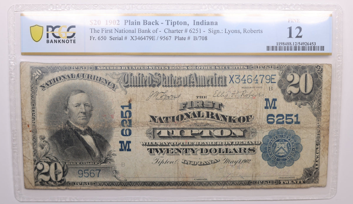 1902 $5 National Currency. CH# 6251, Tipton, Indiana.  PCGS Fine-12, Store #NBN018.