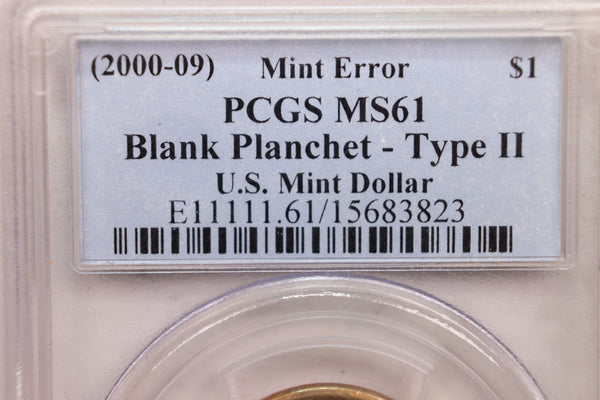 2000-09 BLANK PLANCHET, Type II, U.S. Mint Dollar, PCGS MS61, Store #GDR0253.