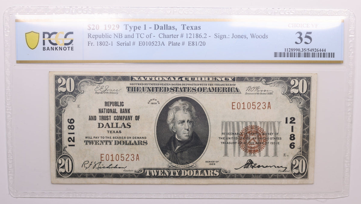 1929 $20 National Currency. CH# 12186, Dallas Texas.  PCGS VF-35, Store #NBN034.