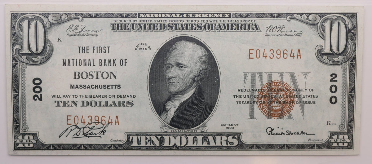 1929 $10 National Bank Note, CH# 200, Boston, MA. PCGS CU-63 PPQ, Store #NBN036.