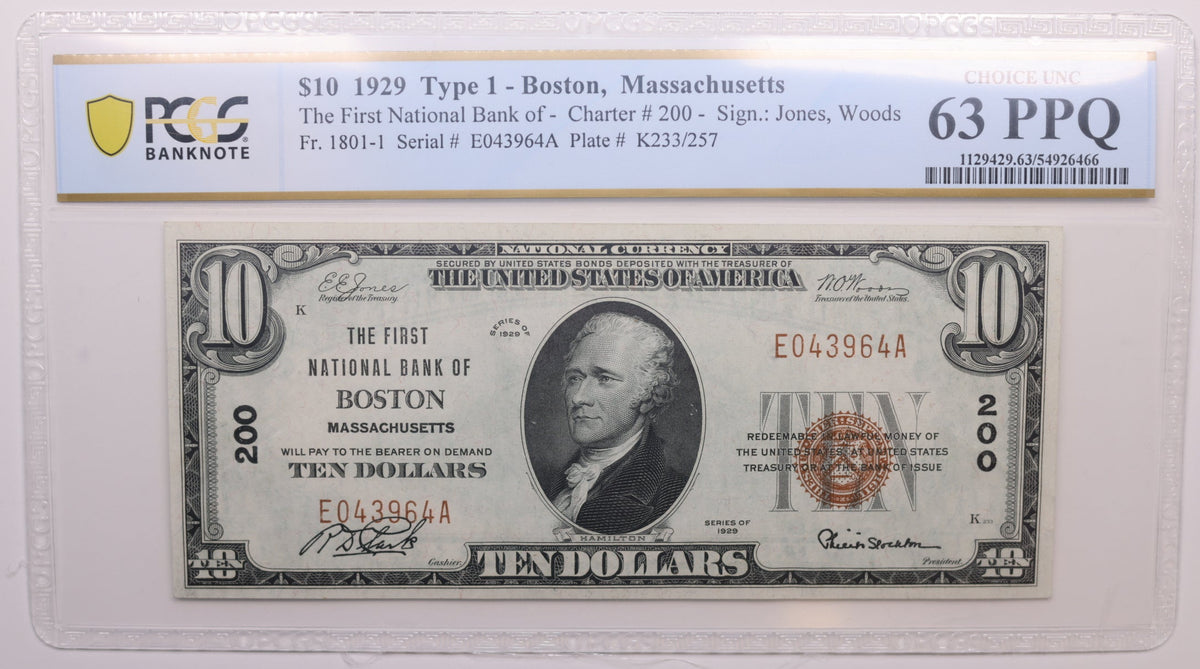 1929 $10 National Bank Note, CH# 200, Boston, MA. PCGS CU-63 PPQ, Store #NBN036.