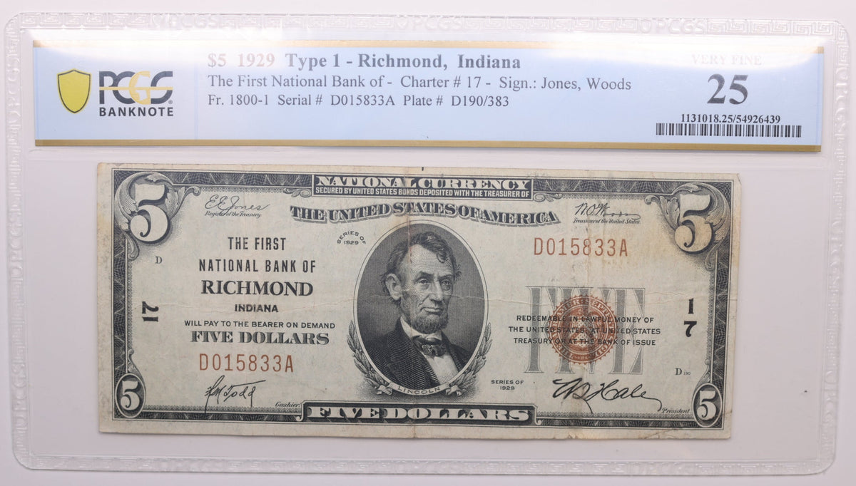 1929 $5 National Bank Note, CH# 17, Richmond, IN. PCGS VF-25, Store #NBN037.