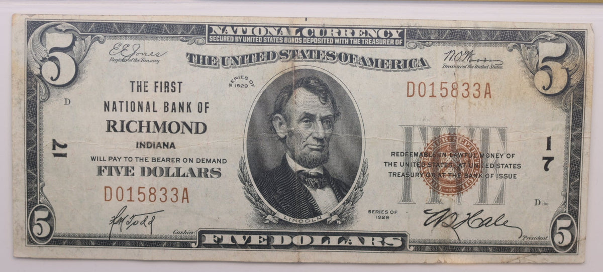 1929 $5 National Bank Note, CH# 17, Richmond, IN. PCGS VF-25, Store #NBN037.