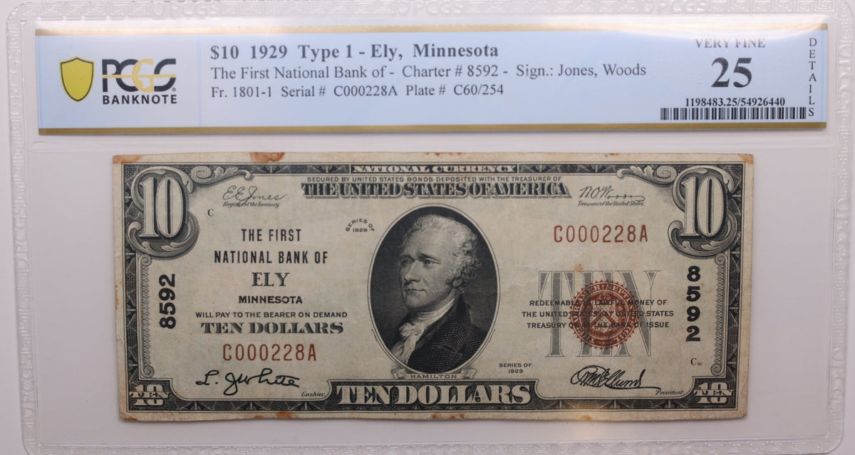 1929 $10 National Bank Note, CH# 8592, Ely, MN, PCGS VF-25, Store #NBN050.