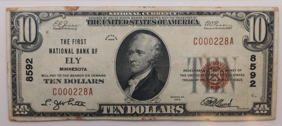 1929 $10 National Bank Note, CH# 8592, Ely, MN, PCGS VF-25, Store #NBN050.