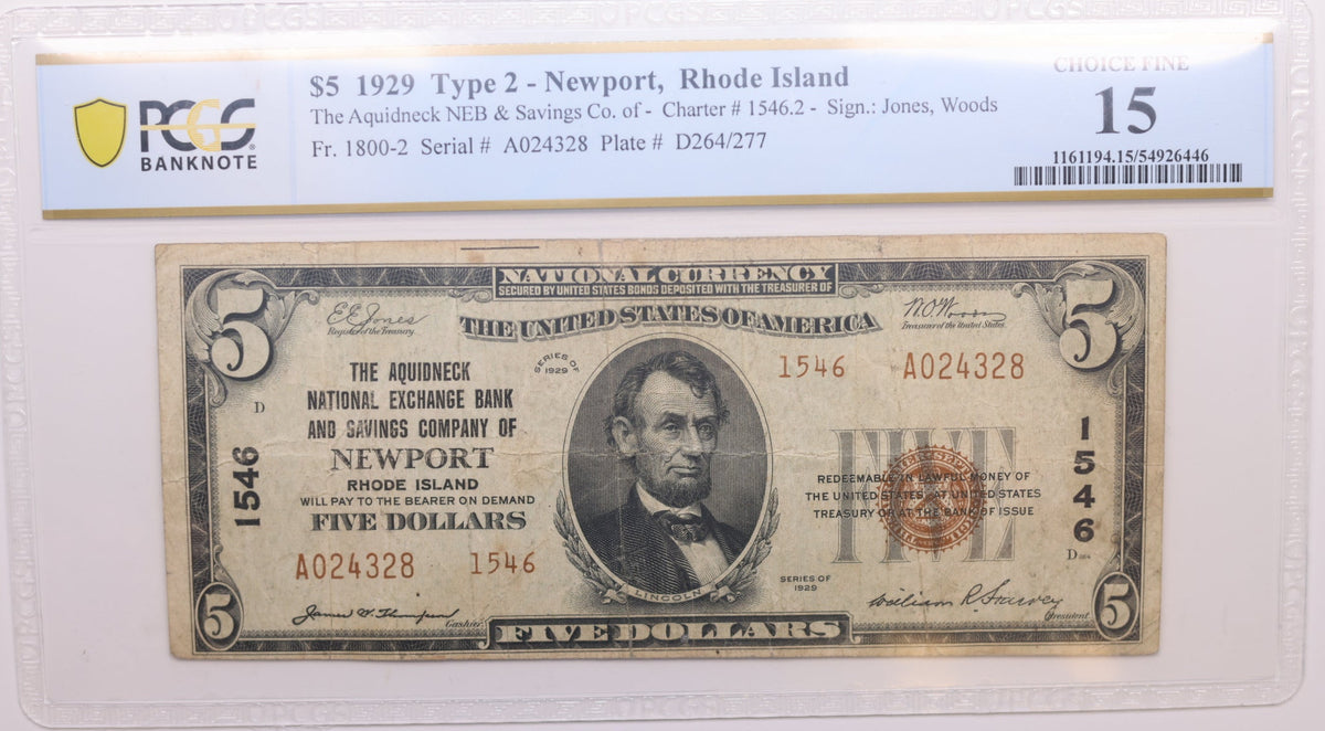 1929 $5 National Bank Note, CH# 1546, Newport, R.I. PCGS F-15, Store #NBN051.