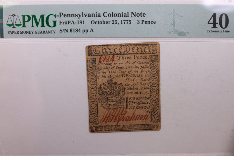 October 25, 1775, 3 Pence, Pennsylvania Colonial Note, Store