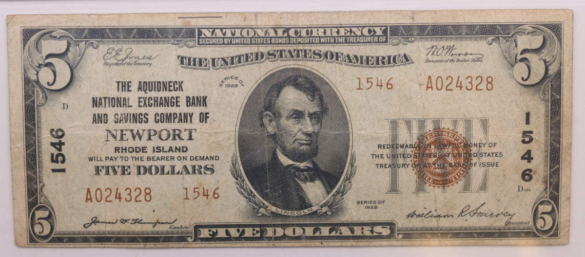 1929 $5 National Bank Note, CH# 1546, Newport, R.I. PCGS F-15, Store #NBN051.