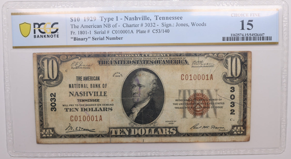 1929 $10 National Bank Note, CH# 3032, Nashville, TN,  PCGS F-15, Store #NBN069.