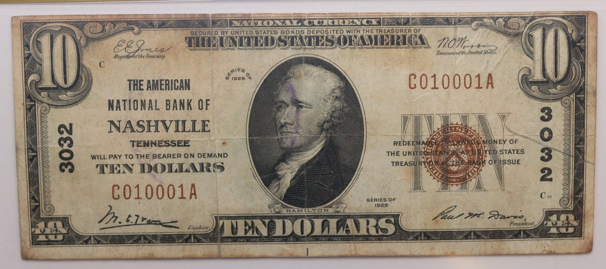 1929 $10 National Bank Note, CH# 3032, Nashville, TN,  PCGS F-15, Store #NBN069.