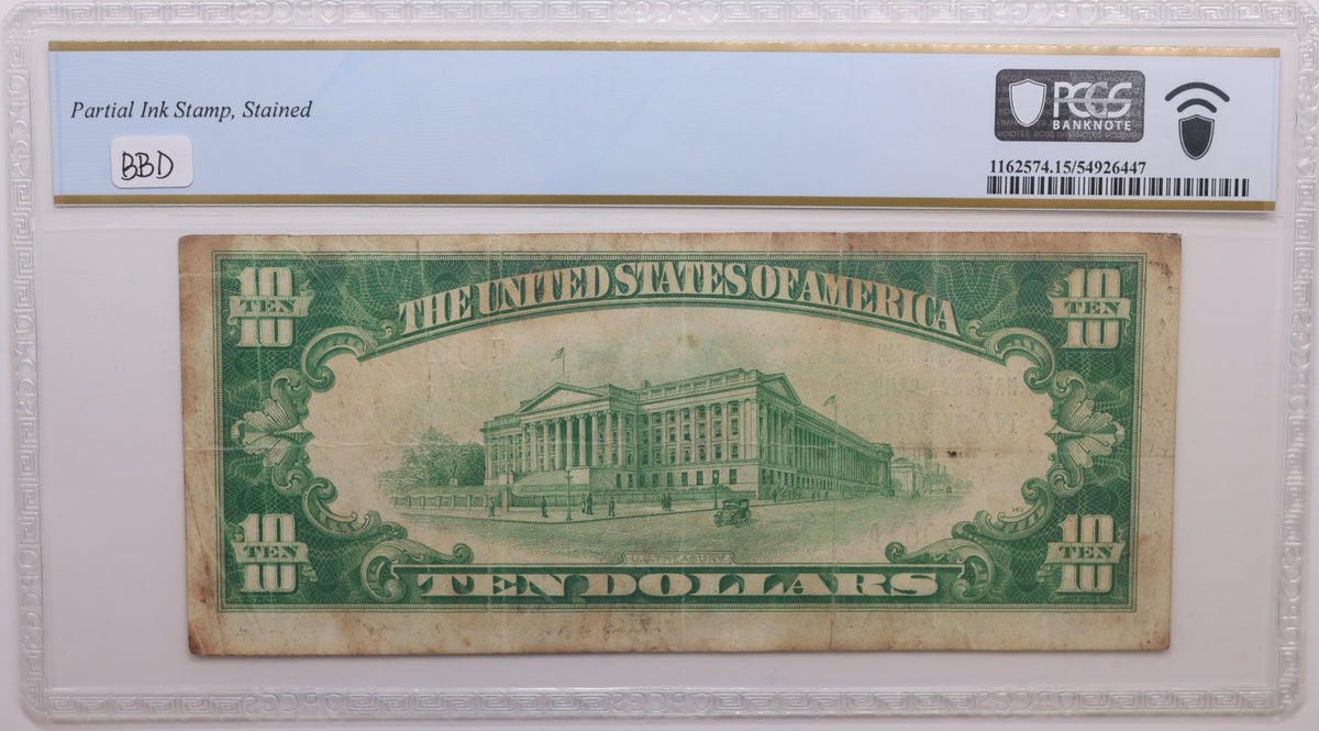1929 $10 National Bank Note, CH# 3032, Nashville, TN,  PCGS F-15, Store #NBN069.