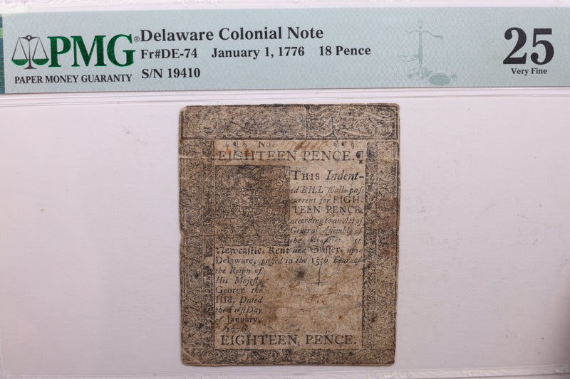 January 1, 1776, Delaware Colonial Currency, PMG VF-25., Store