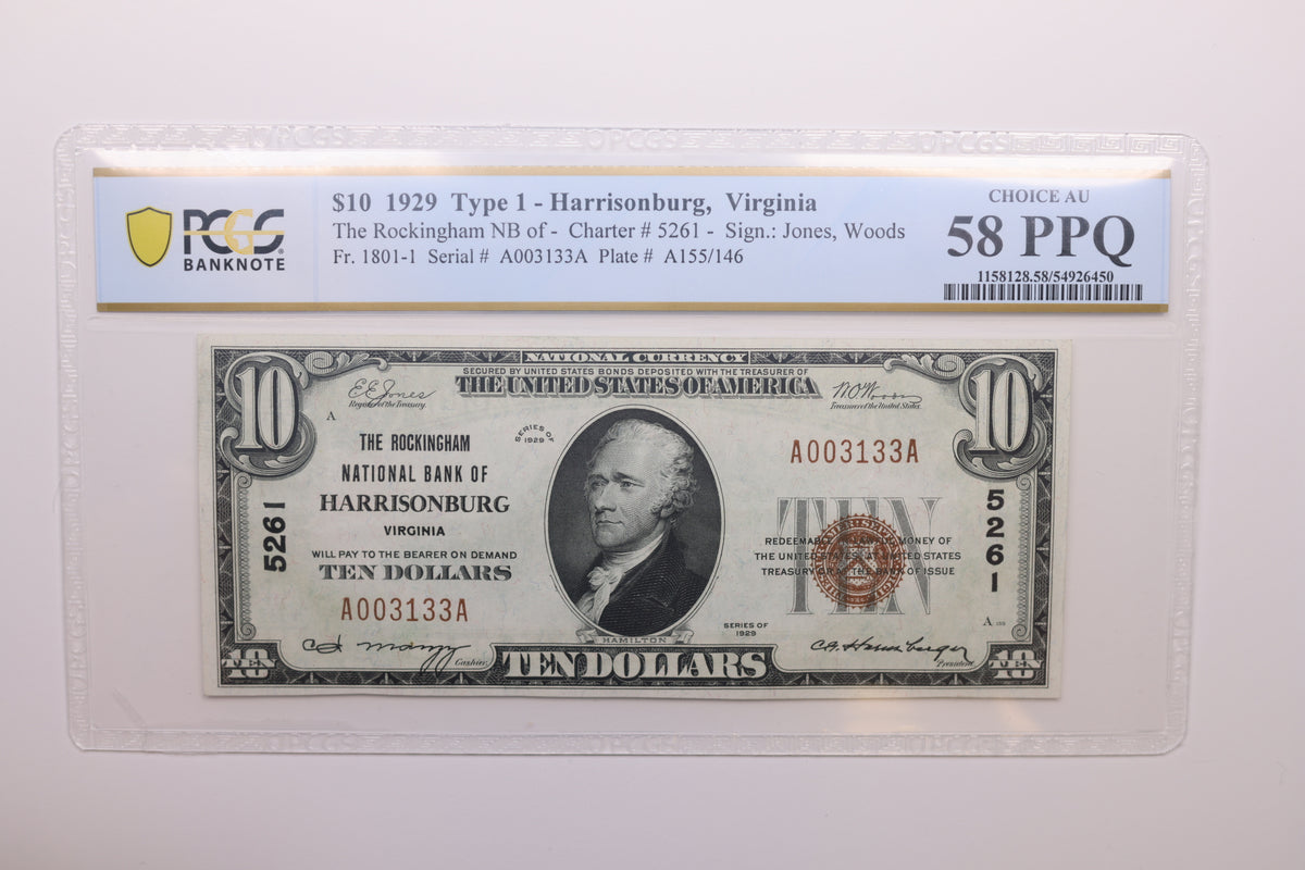 1929 $10 National Bank Note, CH# 5261, Harrisonburg, VA.  PCGS AU-58, Store #NBN070.