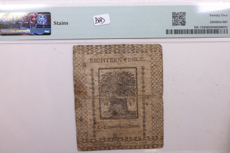 January 1, 1776, Delaware Colonial Currency, PMG VF-25., Store