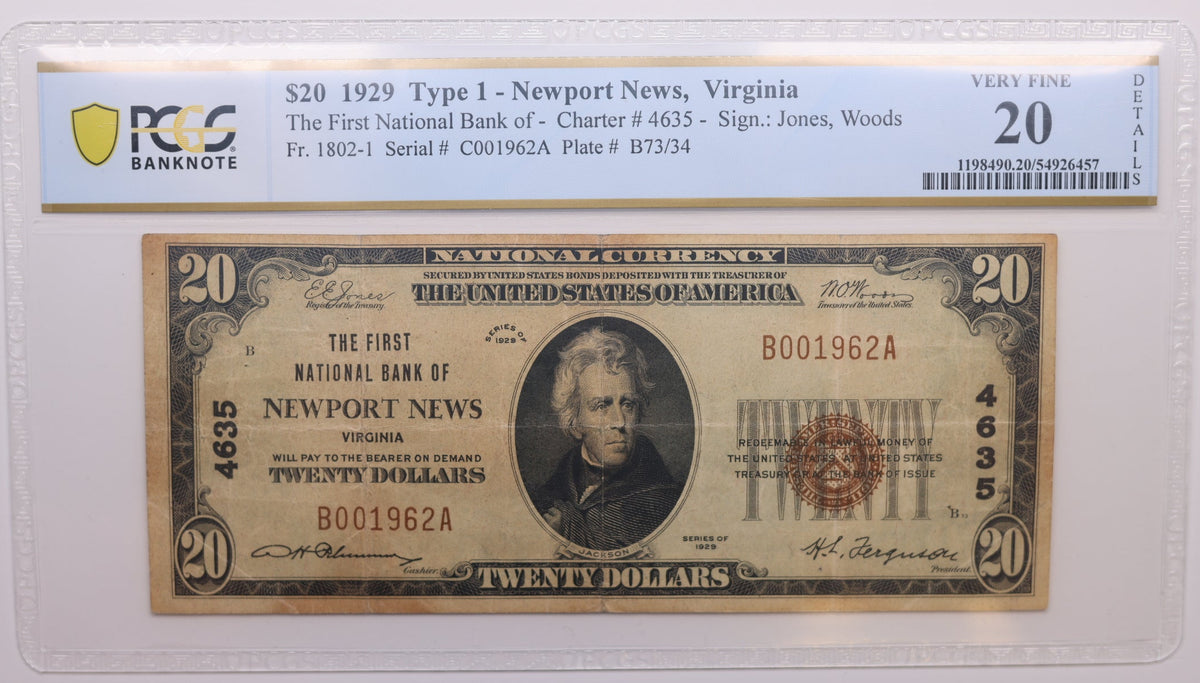 1929 $20 National Bank Note, CH# 4635, Newport News, VA.  PCGS AU-58, Store #NBN071.