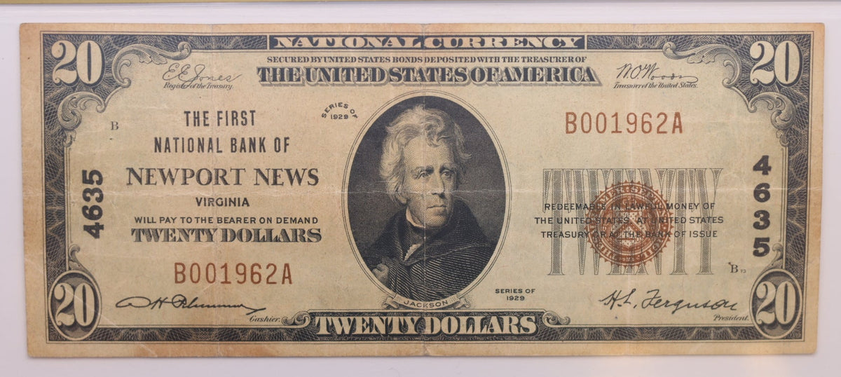1929 $20 National Bank Note, CH# 4635, Newport News, VA.  PCGS AU-58, Store #NBN071.