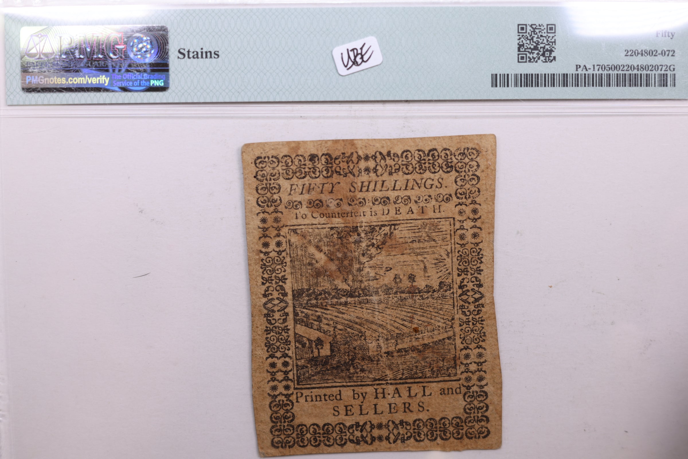 October 1, 1773. 50 Shillings, Pennsylvania Colonia Currency, PMG AU-50., #GCY0017.