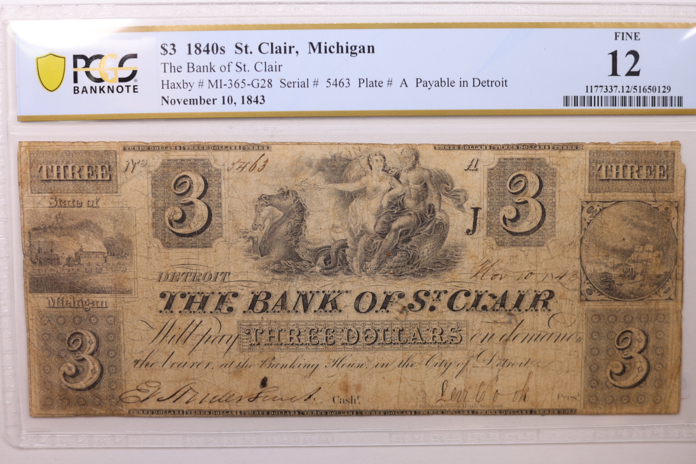 1843 $3, St. Clair, Michigan, Obsolete Note, PCGS Fine-12., Store #GMI0102.