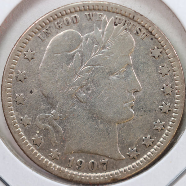 1907-D Barber Quarter, Very Good Circulated Coin, details, Store #QR898