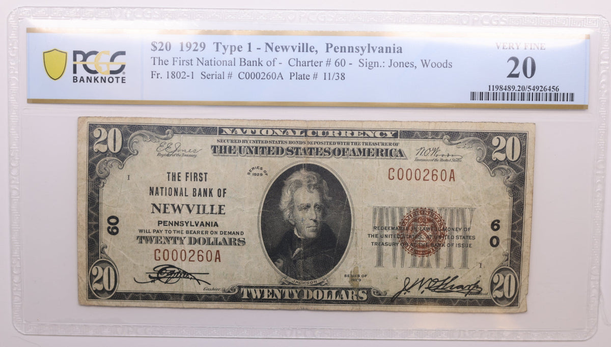 1929 $20, National Bank Note, CH# 60, Newville, PA. PCGS VF-20, Store #NBN078.