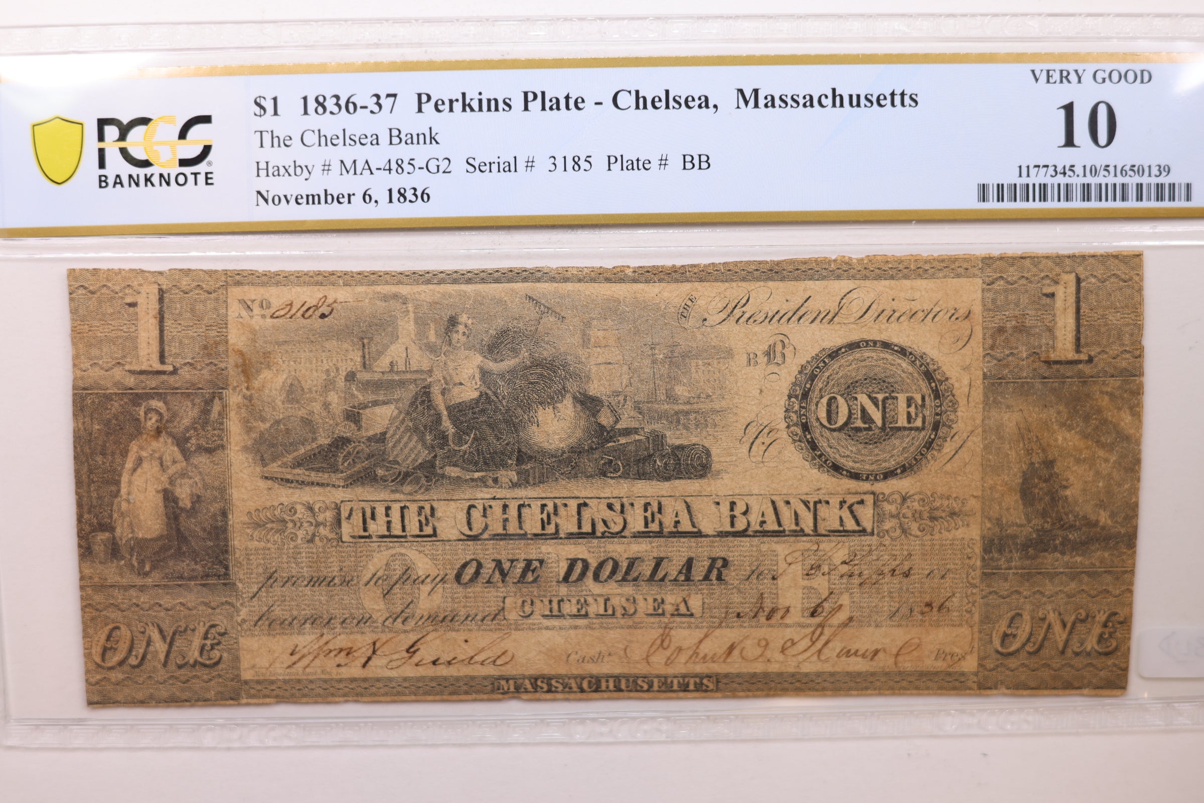 1836 $1, Boston, Massachusetts. Obsolete Currency, PCGS VG-10, Store #GMA016.