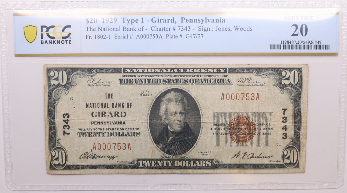 1929 $20, National Bank Note, CH# 7343, Girard, PA. PCGS VF-20, Store #NBN079.