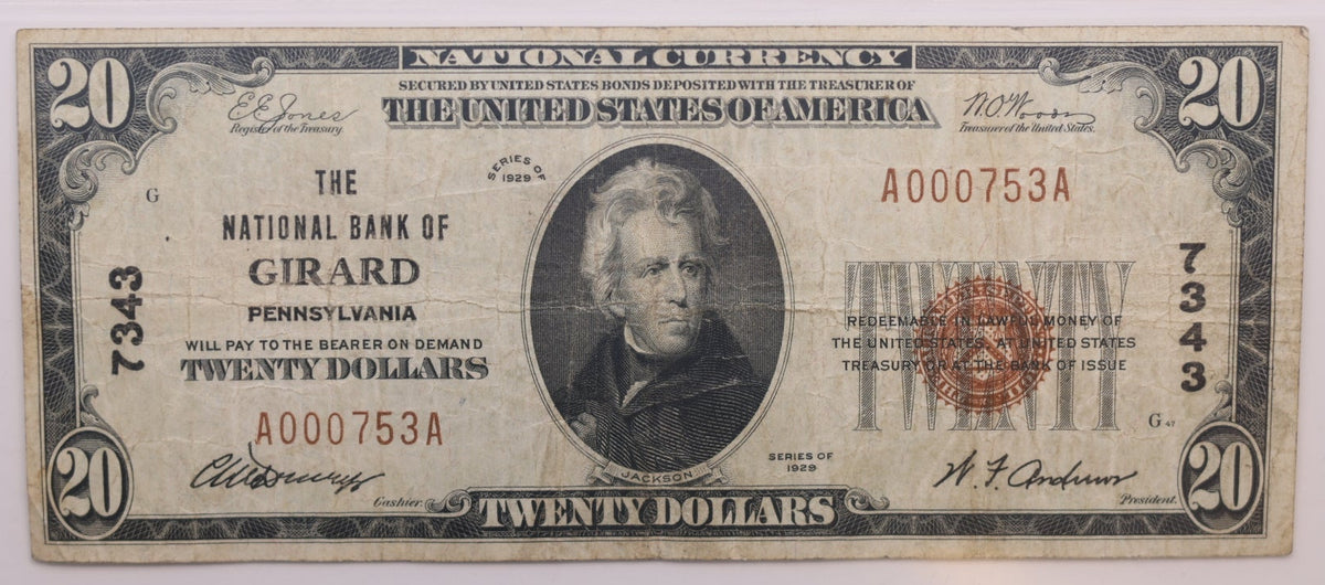 1929 $20, National Bank Note, CH# 7343, Girard, PA. PCGS VF-20, Store #NBN079.