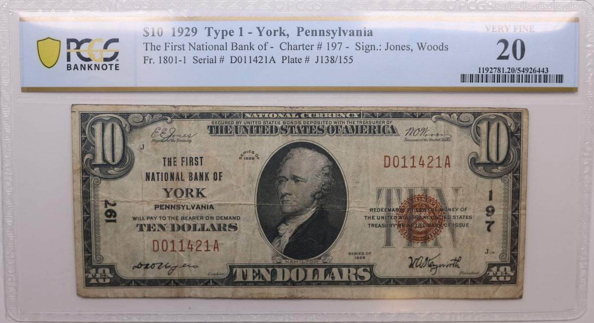1929 $10, National Bank Note, CH# 197, York, PA. PCGS VF-20, Store #NBN080.