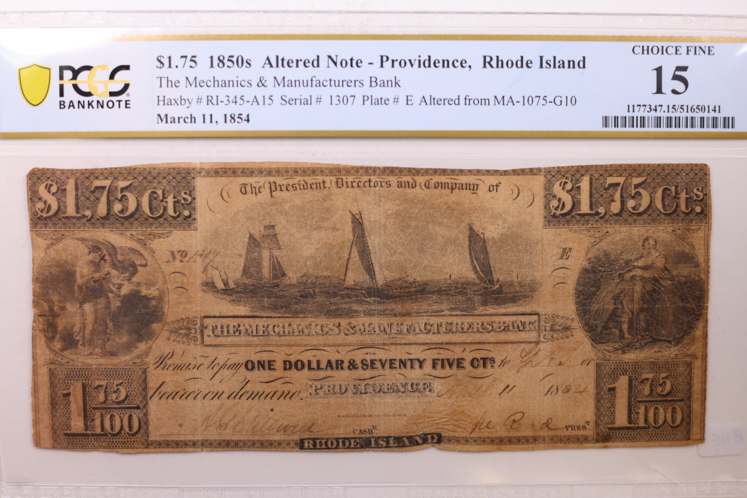 1852 $1.75, Providence, Rhode Island, Obsolete Currency, PCGS F-15, Store #GRI008