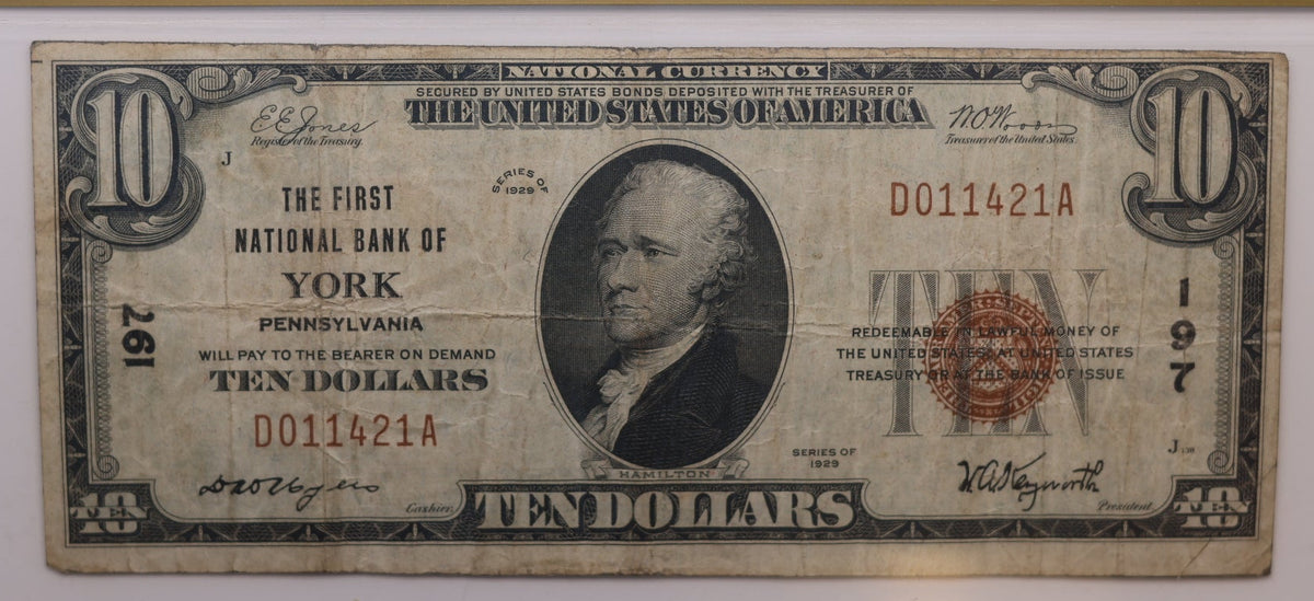1929 $10, National Bank Note, CH# 197, York, PA. PCGS VF-20, Store #NBN080.