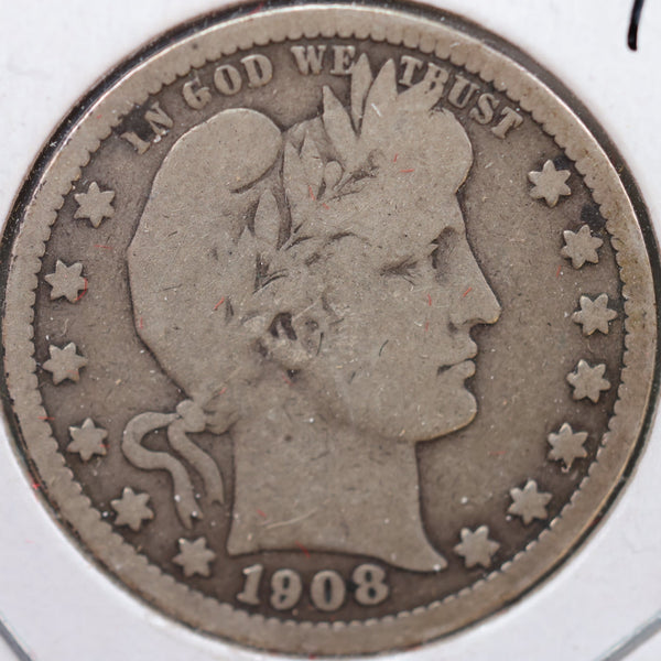 1908-O Barber Quarter, Very Good Circulated Coin, Store #QR909