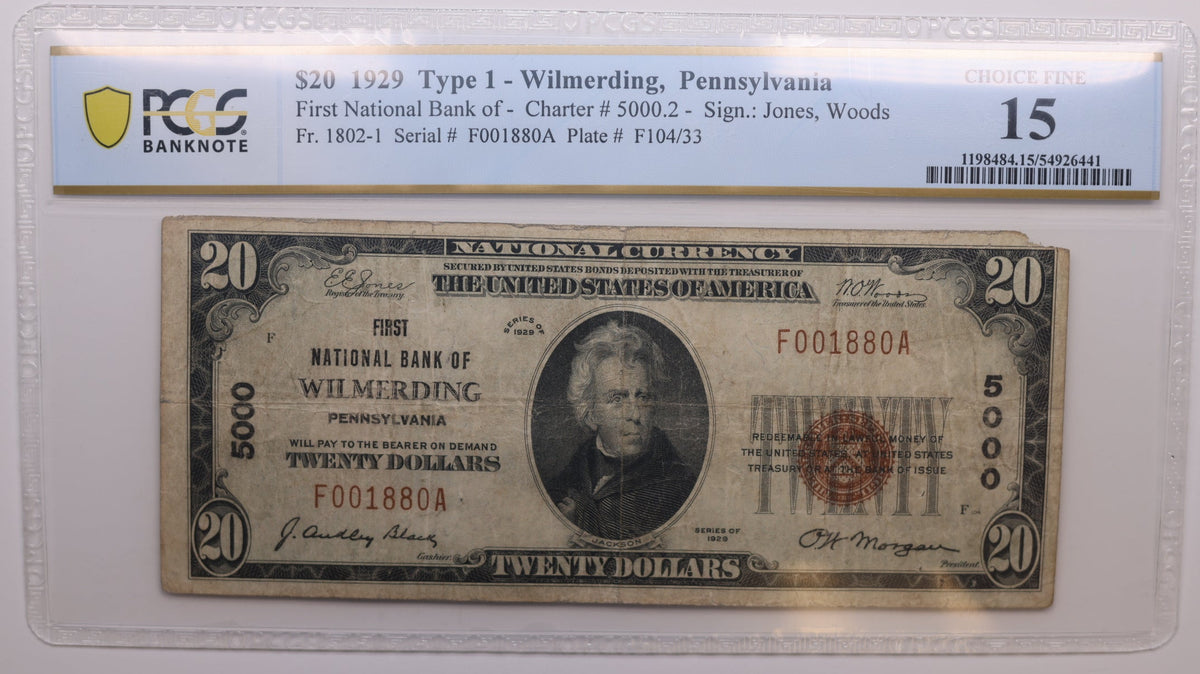 1929 $20, National Bank Note, CH# 5000, Wilmerding, PA. PCGS Fine-15, Store #NBN081.