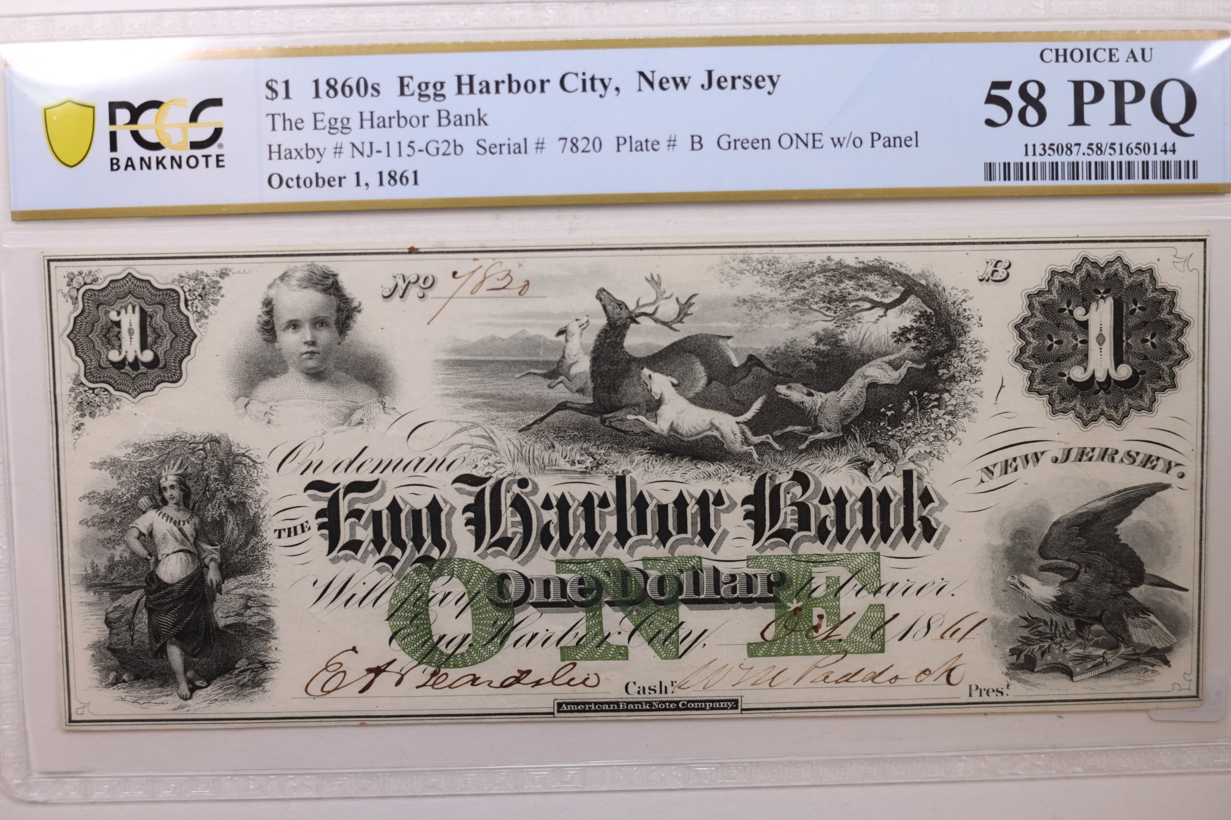 1861 $1, Egg Harbor Bank, New Jersey, Obsolete Note, PCGS AU58, Store #GNJ015.