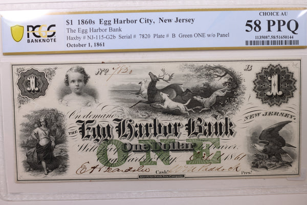 1861 $1, Egg Harbor Bank, New Jersey, Obsolete Note, PCGS AU58, Store #GNJ015.