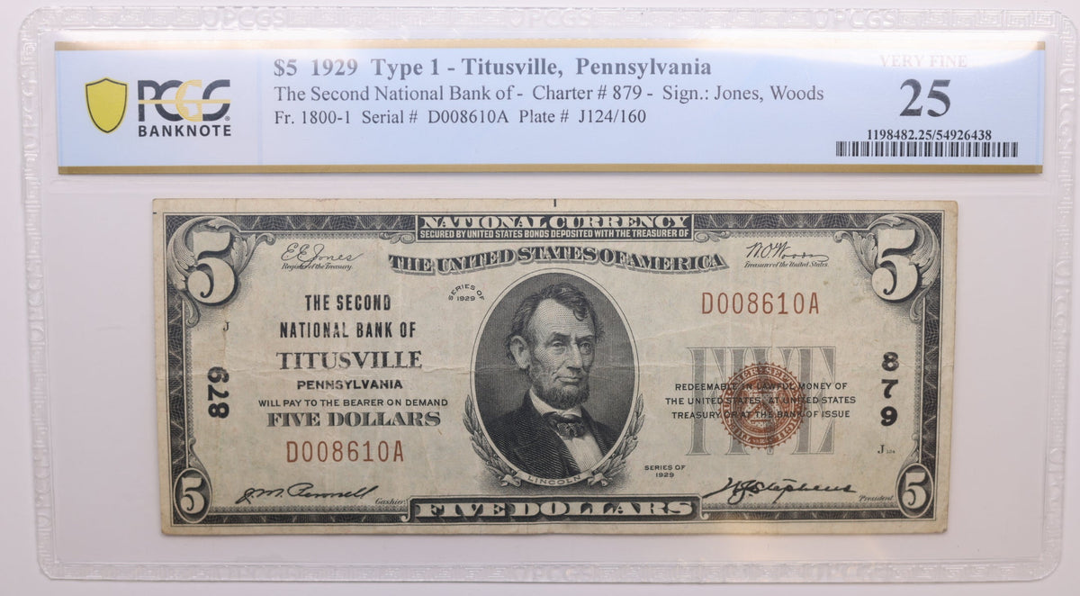 1929 $5, National Bank Note, CH# 879, Titusville, PA. PCGS VF-25, Store #NBN082.