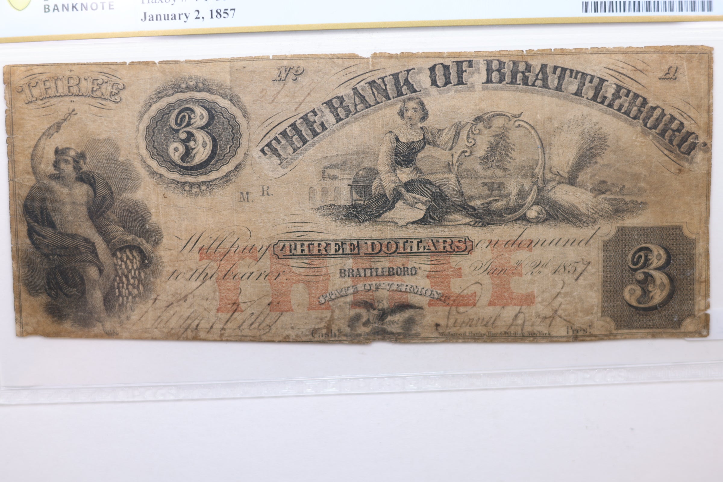 1857 $3 Brattleboro', Vermont, Obsolete Note., PCGS F-15., Store #GOVE007.