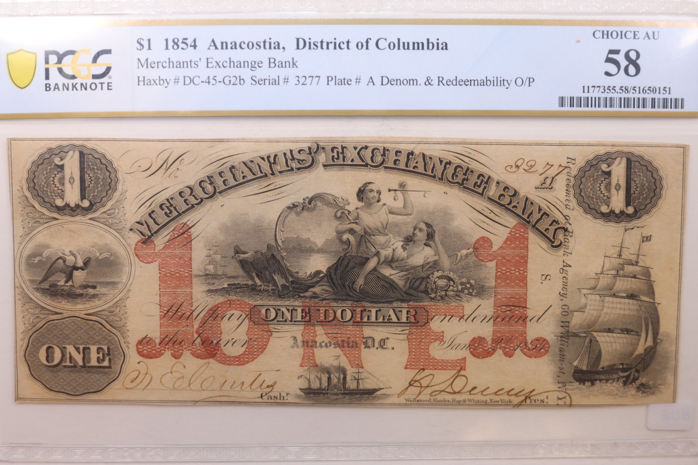1854 $1, Anacostia, D.C., Obsolete Currency, PCGS AU-58., STORE #GDC016.