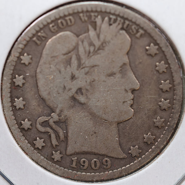 1909-S Barber Quarter, Very Good Circulated Coin, Store #QR918