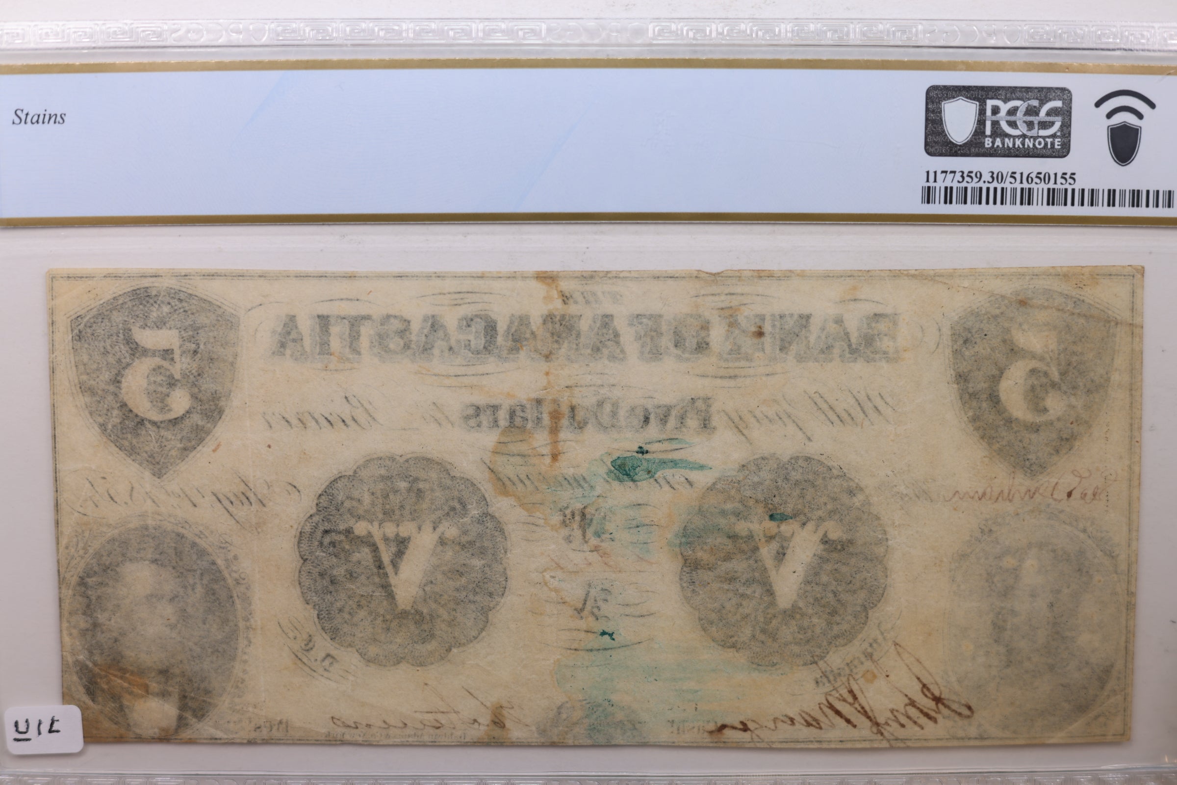 1854 $5 Bank of ANACASTIA, Washington, D.C. Obsolete, PCGS VF-30., STORE #GDC020.
