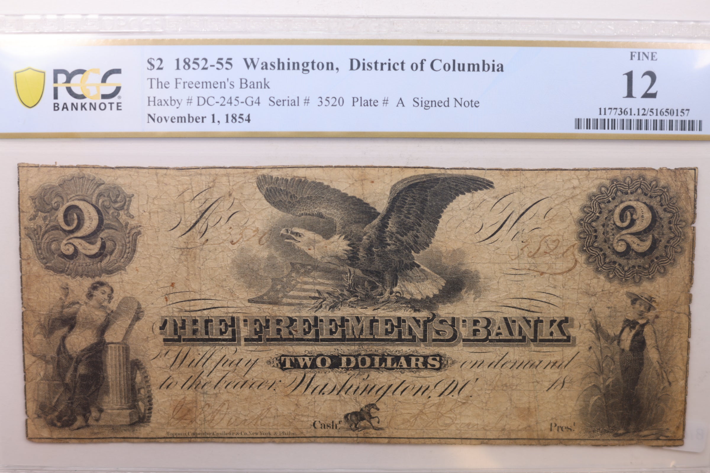 1852-55 $2, FREEMEN'S Bank, Washington, D.C., Obsolete, PCGS F-12, STORE #GDC022.