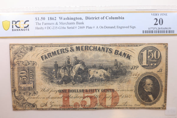 1862 $1.50, Farmers/Merchants Bank, Wash D.C., Obsolete Note, PCGS VF-25, STORE #GDC024.
