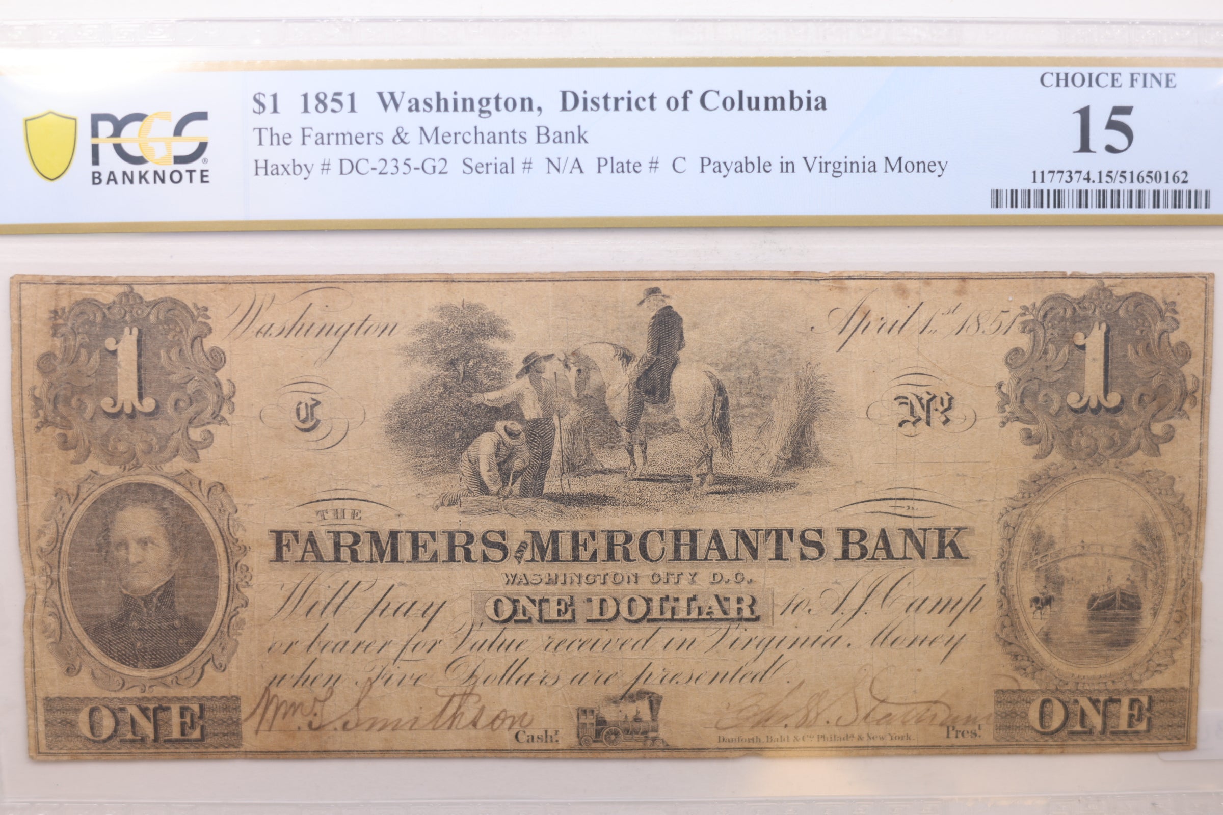 1851 $1, Farmers/Merchants Bank, Wash D.C., Obsolete Note, PCGS F-15, STORE #GDC027.