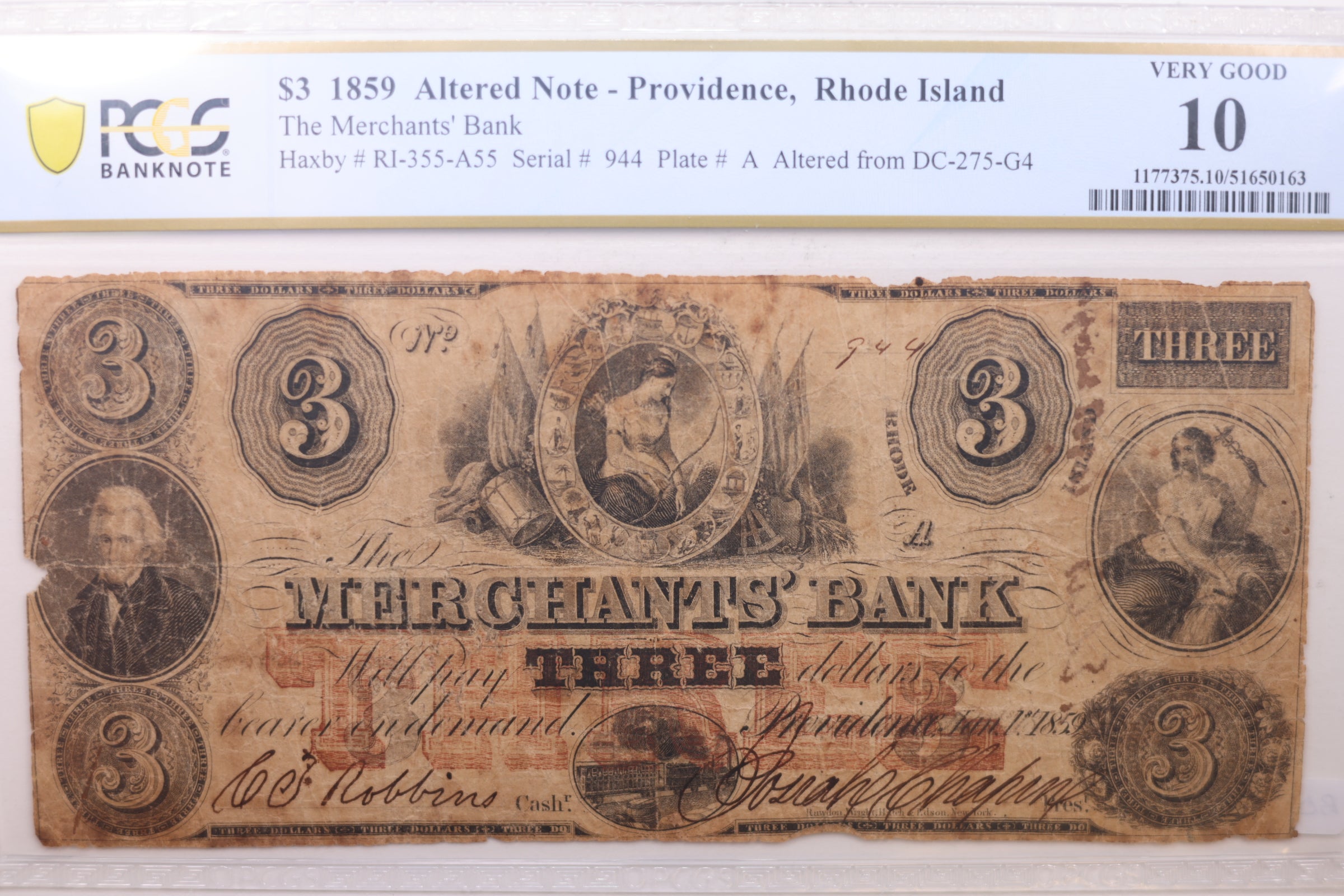 1859 $3, Merchants' Bank, Providence, R.I., Altered Obsolete, PCGS VG-10, Store #GRI009.